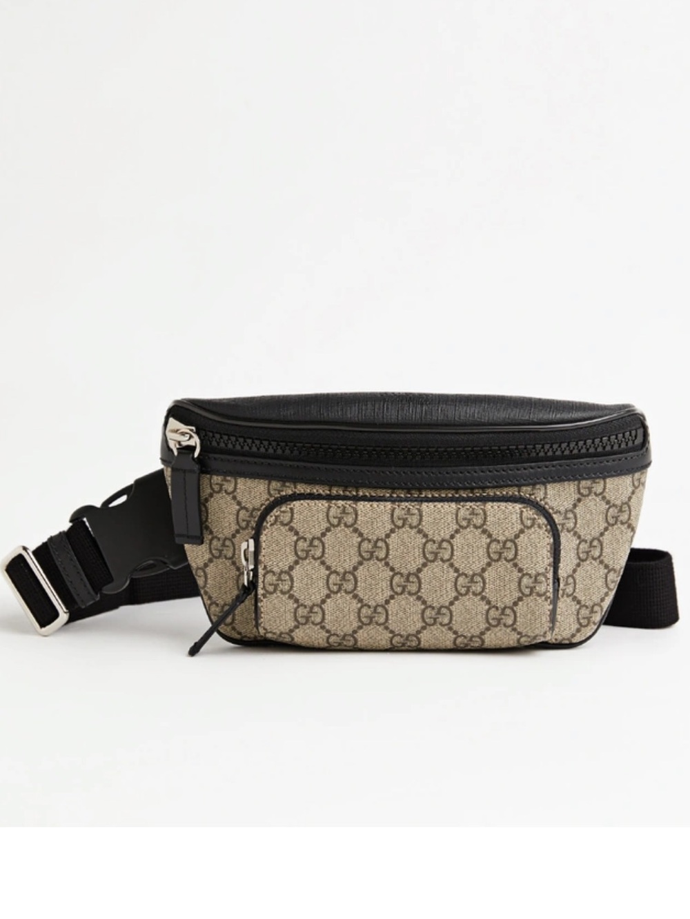GUCCI Beige/Black GG Canvas Small Belt Bag with Leather Accents NEW